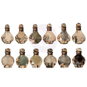 May include: A collection of twelve decorative glass bottles arranged in two rows. Each bottle features a rounded base, a narrow neck, and a spherical stopper. The surfaces are decorated with vintage-style illustrations of ghosts, witches, and pumpkins.