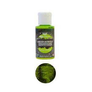 May include: A 1 fl oz bottle of lime green liquid acrylic paint. The bottle has a black and silver label with the text "alchemy LIQUID ACRYLIC ACRYLIQUE FLUIDE LIQUIDO DE ACRILICO Lime Green" and "Shake before use".