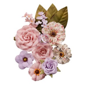 May include: A collection of artificial flowers in various shades of pink, purple, and cream. The arrangement includes roses, daisies, and other floral elements, with green leaves in the background. The flowers have a vintage, delicate appearance.