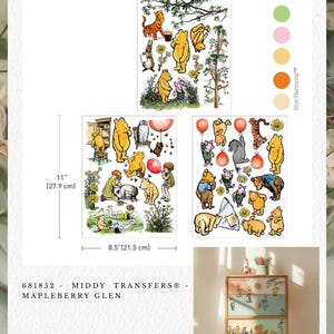 May include: Sheet of Winnie the Pooh themed decals, featuring characters like Pooh Bear, Tigger, and Piglet. The sheet measures 27.9 cm by 21.5 cm. The text on the sheet reads "681852 - MIDDY TRANSFERS® - MAPLEBERRY GLEN".