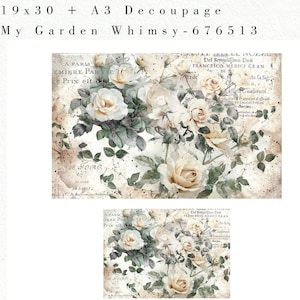 Può includere: Stampa artistica decoupage con un design floreale di rose color crema e foglie verdi. Lo sfondo ha un'estetica vintage con testo sbiadito e un aspetto invecchiato. Le dimensioni sono di circa 48 x 76 cm.
