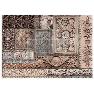 May include: A collage of ornate, carved stone designs in shades of brown, beige, and gray. The intricate patterns feature floral motifs, geometric shapes, and scrollwork.