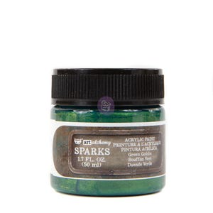 May include: A jar of green acrylic paint labeled "SPARKS" by art alchemy. The jar contains 1.7 fl. oz. (50 ml) of paint. The label also includes the names "Green Goblin", "Bouffon Vert", and "Duende Verde". The jar has a black lid.