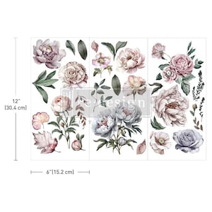 May include: A sheet of decorative transfer decals featuring a floral design with pink and white peonies, leaves, and stems. The decals are 30.4 cm by 15.2 cm.