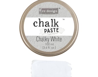May include: A round tin of white chalk paste labeled "re-design chalk paste Chalky White 100 ml (3.4 fl. oz.) TM".