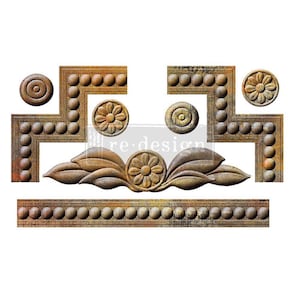 May include: A set of decorative trim pieces in a distressed gold finish. The trim features a repeating pattern of circles and leaves. The trim is perfect for adding a touch of elegance to any project.