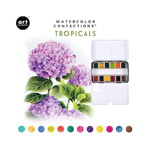 Może przedstawiać: Zestaw Watercolor Confections Tropicals z białą metalową obudową, zawierający wybór żywych farb akwarelowych. Obraz zawiera akwarelę fioletowych hortensji i paletę kolorowych kropek farby.