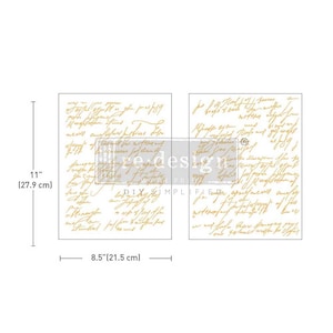 May include: Two sheets of gold-toned transfer paper with handwritten script in a cursive font. The sheets are 8.5 inches by 11 inches.