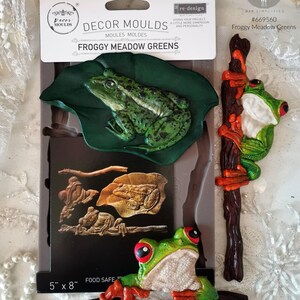 Puede incluir: Un juego de moldes de silicona para hacer decoraciones con temática de ranas. Los moldes son aptos para alimentos y miden 12,7 cm por 20,3 cm. Los moldes presentan una rana verde en una hoja, una rana marrón en una rama y una rana más pequeña en una hoja. El embalaje incluye el texto "Decor Moulds", "Froggy Meadow Greens" y "#669560".