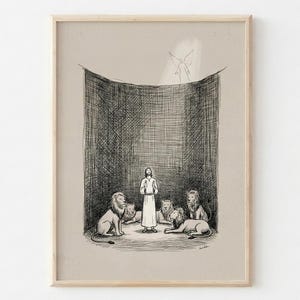 Daniel in the Lions Den Art | Minimalist Bible Sketch Print | Christian Wall Decor