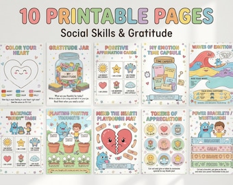 May include: A set of 10 printable pages for social skills and gratitude. The pages feature colorful illustrations and text, including a heart, a gratitude jar, affirmation cards, and emotion time capsules. The theme is designed for children.