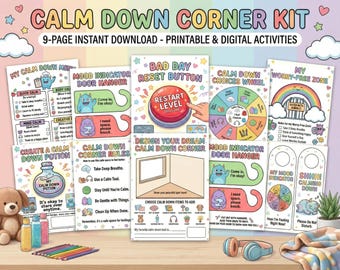 Può includere: Un colorato kit Calm Down Corner con attività stampabili e digitali. Il kit include pagine con titoli come "My Calm Down Menu", "Bad Day Reset Button" e "Calm Down Choices Wheel". Il kit è progettato per aiutare a gestire le emozioni.