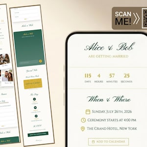 Site de convites de casamento digitais | Convite personalizado para celular com confirmação de presença | Contagem regressiva moderna, livro de assinaturas virtual