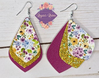 Magenta and Yellow Flowers Faux Leather Earrings