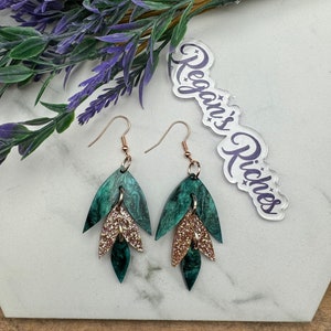 Sparkly Hunter Green and Rose Gold Glitter Leaf Acrylic Earrings