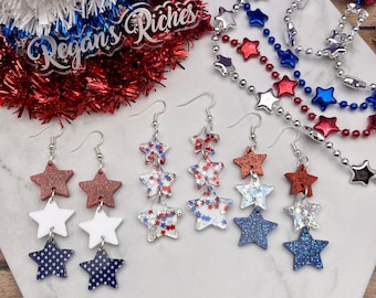 Three Star Independence Day Dangly Acrylic Earrings