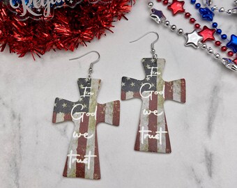 USA Flag “In God We Trust” Faux Leather Cross Earrings