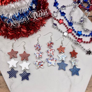 Three Star Independence Day Dangly Acrylic Earrings