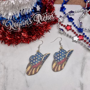 Red, White, and Blue USA Flag Patterned Wooden Cowboy Hat Earrings
