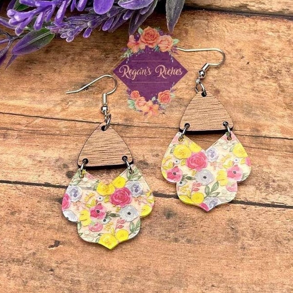 Pink, Yellow and Blue Floral Acrylic and Wood Earrings