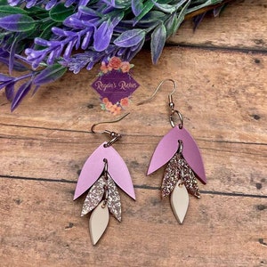 Mauve, Rose Gold Glitter, and Beige Leaf Acrylic Earrings