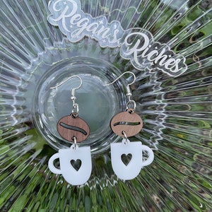 Coffee Bean and Mug Acrylic and Wood Earrings