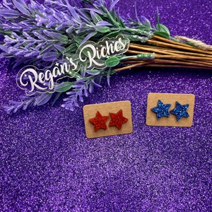 Red and Blue Glitter Star Shaped Acrylic Stud Earrings