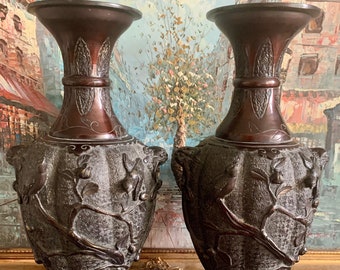 Antique Meiji Period Bronze Vases | Japanese Bronze Baluster Vases Decorated with Sparrows and Cherry Blossom -