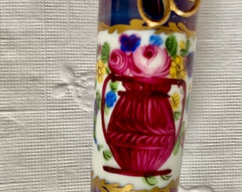 Limoges Hand Painted Sewing Case Decorated with a Vase of Flowers and Scissor Clasp