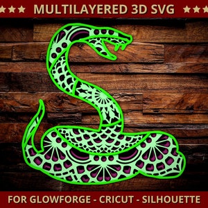3D Snake SVG Mandala Svg Arquivo de corte para Glowforge Laser Cut Silhouette Cricut Máquina de corte Réptil 3D Mandala Zentangle MultiLayer 4 camadas