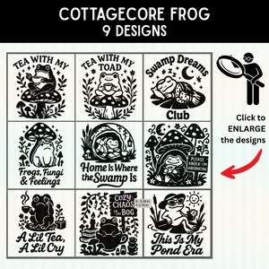 Könnte beinhalten: Schwarz-Weiß-Illustration mit neun Cottagecore-Frosch-Designs. Jedes Design zeigt einen Frosch mit Text wie "Tea with my Toad", "Swamp Dreams Club" und "This Is My Pond Era". Der Text "Cottagecore Frog 9 Designs" steht oben.