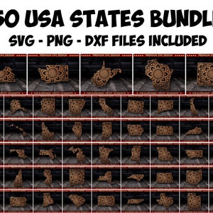 Fichier de coupe Svg Bundle 50 États, carte d'État des États-Unis, carte simple couche Dxf Zentangle pour machine de découpe Silhouette découpée au Laser Cricut Glowforge + BONUS