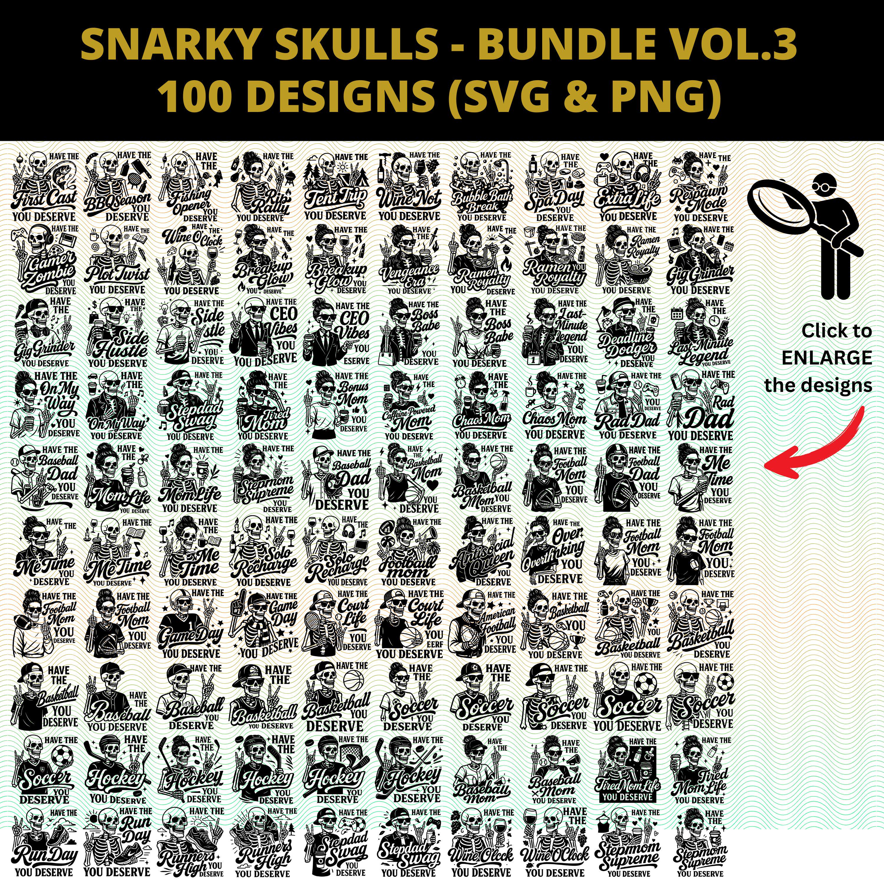 Snarky Skulls Skeleton SVG PNG, Gothic Cut Files, 100  Funny Skull Cricut Files Mixed Designs Bundle Vol.3, Sarcastic Mom Dad Sports Quotes