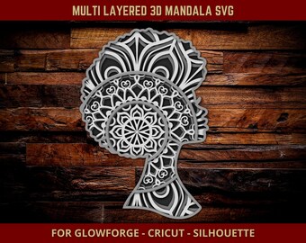 Afro Girl SVG 3D Mandala Cut File for Glowforge Laser Cut Silhouette Cricut Cutting Machine Afro Black Woman Zentangle Layered 4 Layers Svg