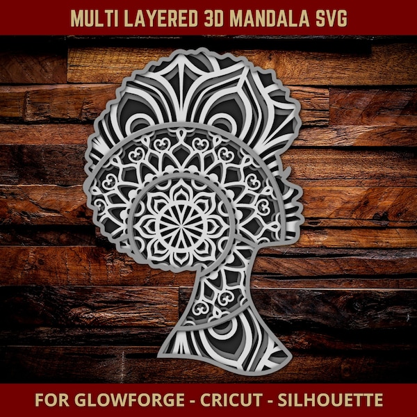 Afro Girl SVG 3D Mandala Cut File for Glowforge Laser Cut Silhouette Cricut Cutting Machine Afro Black Woman Zentangle Layered 4 Layers Svg