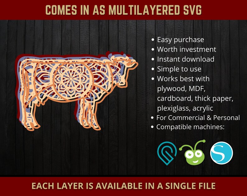 Download Silhouette Cricut Cutting Machine Zentangle Cow Svg 3d Mandala Cattle Svg Layered Mandala Svg Cut File For Glowforge Laser Cut Party Supplies Paper Party Supplies
