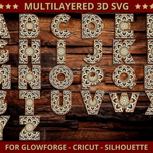 Dalla A alla Z Alfabeto 3D completo Mandala multistrato SVG File a strati Pacchetto di lettere per macchine da taglio Glowforge Laser Cut Cricut Silhouette