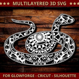 3D Snake SVG Mandala Svg Arquivo de corte para Glowforge Laser Cut Silhouette Cricut Máquina de corte Réptil 3D Mandala Zentangle MultiLayer 4 camadas
