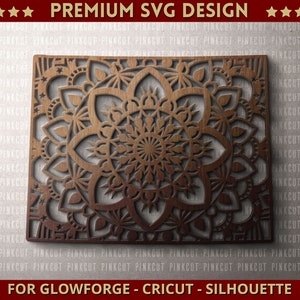 May include: A brown wooden mandala design with intricate details. This design is perfect for laser cutting and can be used for home decor, wall art, or other crafts.
