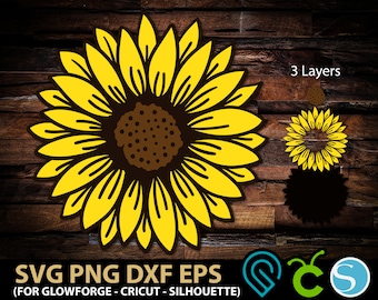Archivo de corte SVG de girasol para Glowforge, corte láser, silueta, máquina de corte Cricut, arte lineal, descarga digital de girasol, transparente, PNG, DXF, EPS