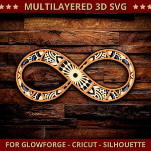 Peut inclure: Un design SVG 3D multicouche en forme de symbole infini, avec des motifs géométriques complexes en beige, bleu et noir. Le design est placé sur un fond en bois foncé. Le texte "MULTILAYERED 3D SVG" et "FOR GLOWFORGE - CRICUT - SILHOUETTE" sont affichés.