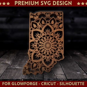 May include: A wooden cutout of the state of Indiana with a mandala design. The design is intricate and detailed, with a variety of shapes and patterns. The cutout is perfect for crafting and home decor.