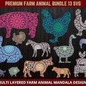 Animaux de la ferme Mandala 3D SVG multicouches Bundle Designs pour Glowforge découpé au Laser Cricut Silhouette Machines de découpe multicouche