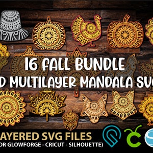 Puede incluir: Una colección de 16 archivos SVG de mandala multicapa 3D con temática otoñal. Los diseños incluyen calabazas, un pavo, un sombrero de peregrino y otras formas de otoño. El texto dice "16 Fall Bundle 3D Multilayer Mandala SVG" y "Layered SVG Files (For Glowforge - Cricut - Silhouette)".