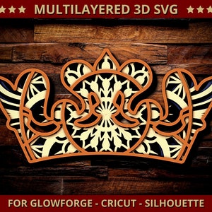 3D Crown SVG Mandala Svg Cut File for Glowforge Laser Cut Silhouette Cricut Cutting Machine King Queen Prince Princess Crown 3D Mandala Svg