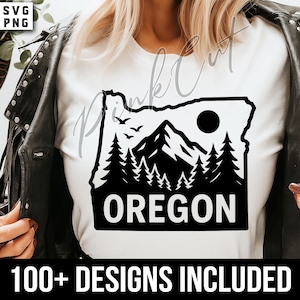 May include: White t-shirt featuring a black graphic of the Oregon state outline with mountains, trees, a sun, and the word "OREGON". The shirt also has the text "100+ DESIGNS INCLUDED".