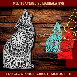 May include: A multi-layered 3D mandala SVG design in the shape of a wolf. The design is primarily white and gray, with intricate floral patterns. The image also includes outlines in blue, red, and yellow. Text at the top reads "MULTI LAYERED 3D MANDALA SVG".