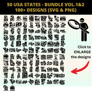 Puede incluir: Un gráfico en blanco y negro con 50 diseños de estados de EE. UU., cada uno con una silueta única. La imagen incluye el texto "50 USA STATES - BUNDLE VOL.1&2" y "100+ DESIGNS (SVG & PNG)". También hay un icono de lupa y una flecha.