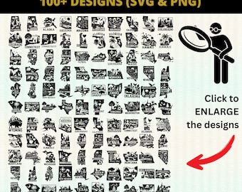 May include: A black and white graphic featuring 50 USA state designs, each in a unique silhouette. The image includes the text "50 USA STATES - BUNDLE VOL.1&2" and "100+ DESIGNS (SVG & PNG)". A magnifying glass icon and an arrow are also present.