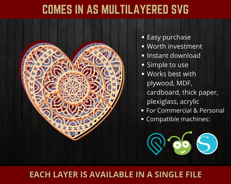 Download Paper Party Supplies Cricut Heart Svg 3d Multi Layer Mandala Svg Files For Glowforge Laser Cut Silhouette Cutting Machine Layered Mandala Svg Party Decor